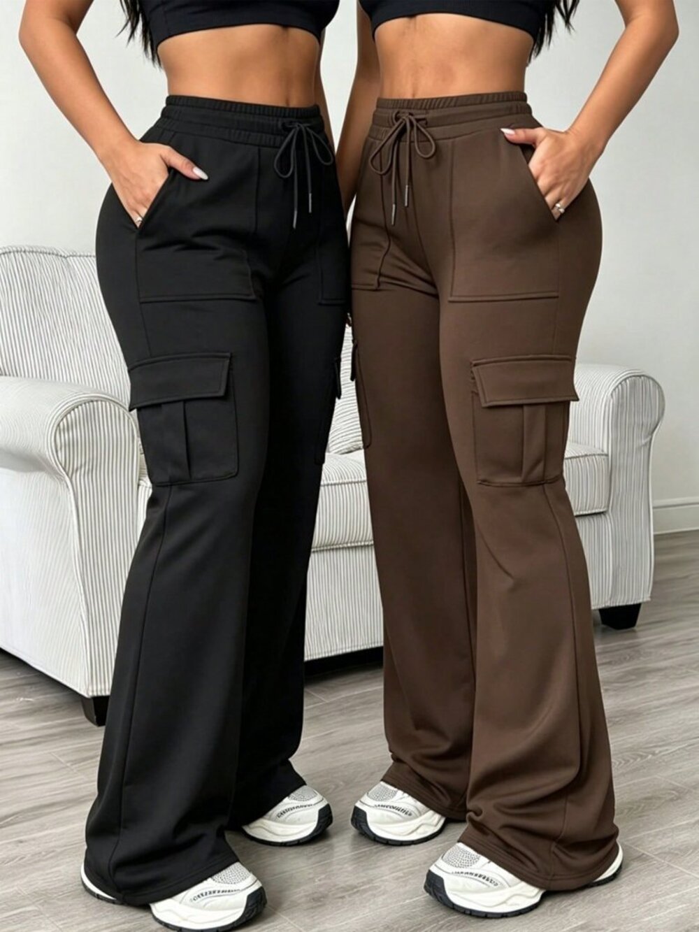 Black Casual Women's High Waist Drawstring Bootcut Flare Pants Set